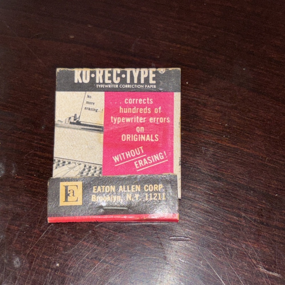 Rare Vintage Matchbook Ko Rec Type Eaton Typewriter Correction Paper Brooklyn NY